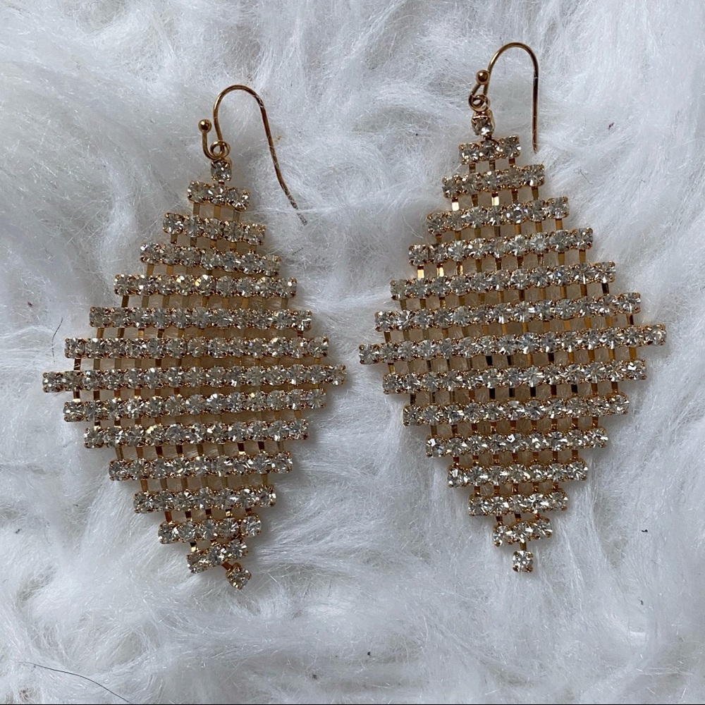 Gold Errings Rhinestone Large Diamond Shaped